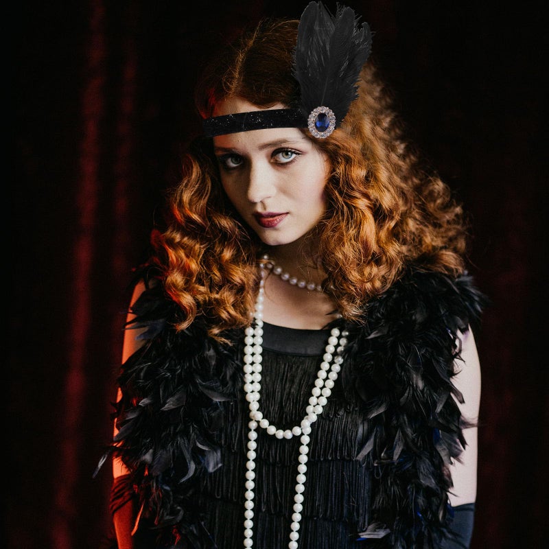 FEPITO 9-Piece 1920s Flapper Great Gatsby Accessories Set - Fashion Roaring 20's Theme with Headband, Headpiece, Long Black Gloves, Necklace, Earrings for Women - Image 4
